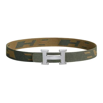 HERMES Avant-Garde Comfortable Smooth Silver Buckle Nylon Belt Men's Gray Green/Dark Green Brown Width 32mm