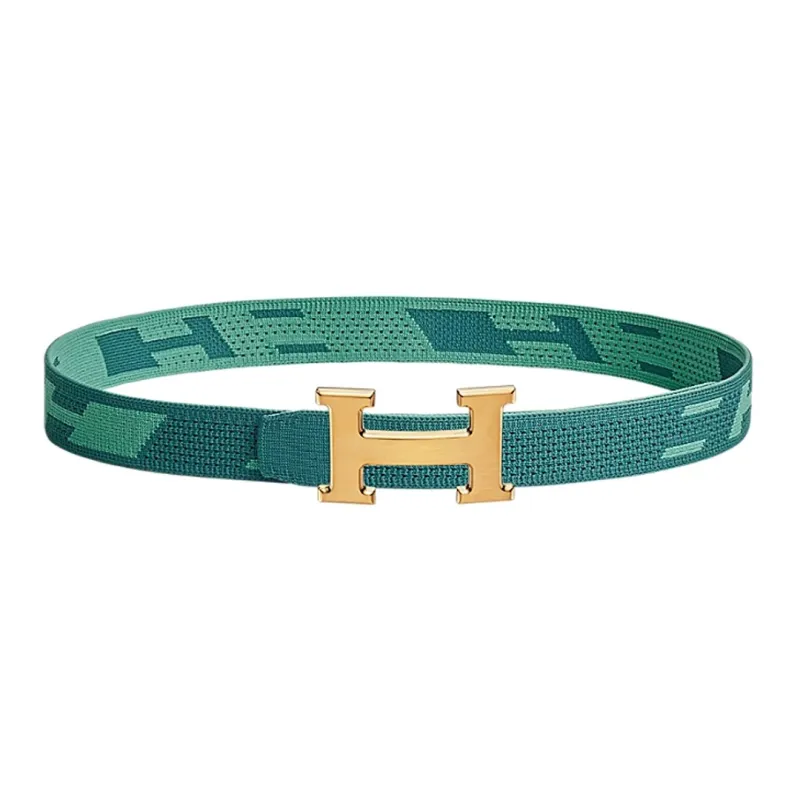 HERMES Individual Gold Buckle Nylon Mesh Double-Sided Belt Men's Collegiate Blue/Jasper Width 32mm-0