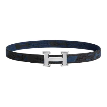 HERMES Comfortable Silver Buckle Nylon Mesh Double-Sided Belt Men's Black/Indigo Width 32mm