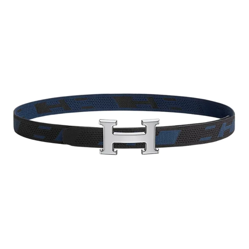 HERMES Comfortable Silver Buckle Nylon Mesh Double-Sided Belt Men's Black/Indigo Width 32mm-0