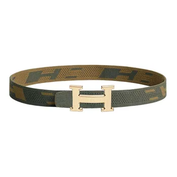 HERMES Fashion Casual Gold Buckle Nylon Mesh Double-Sided Belt Men's Gray Green/Dark Green Brown Width 32mm
