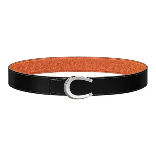 HERMES Leather Belts Men Black/Orange