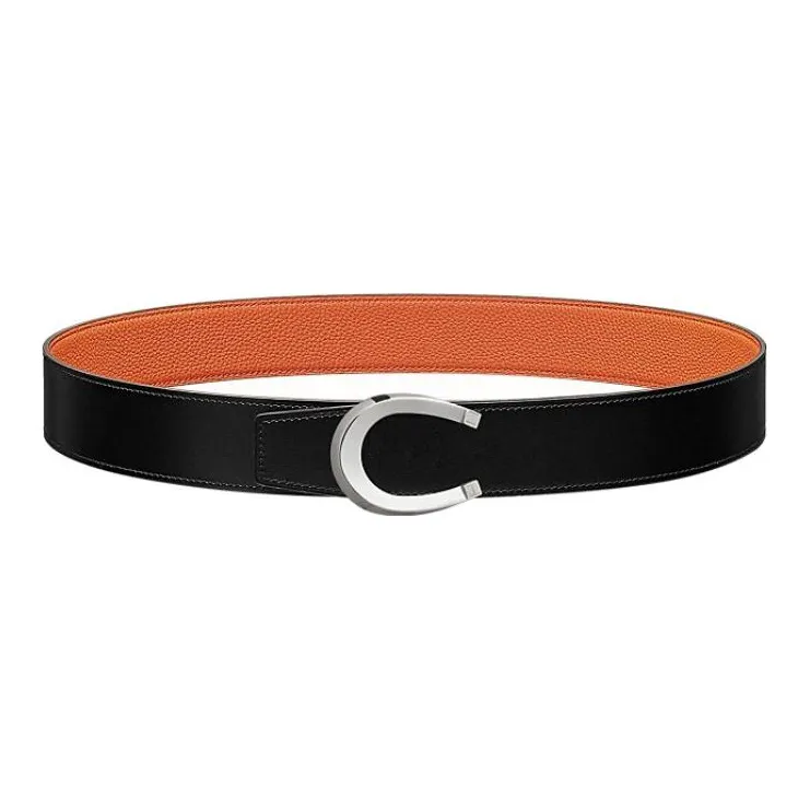 HERMES Double Sided Togo Calfskin Double Sided Leather Belt Leather Belts Men's Black/Orange Width 3.8cm-0