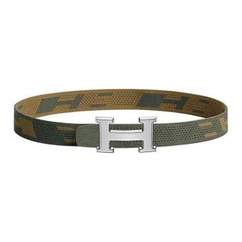 HERMES Individual Silver Buckle Nylon Mesh Double-Sided Belt Men's Gray Green/Dark Green Brown Width 32mm