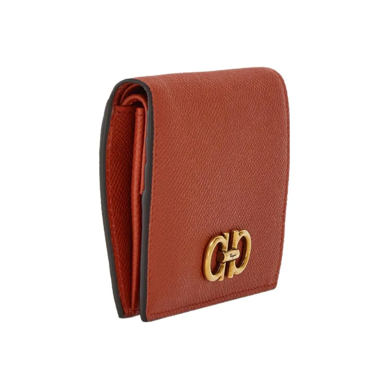 FERRAGAMO GANCINI Stamped Calfskin Wallet Small Size Women's Brown-2