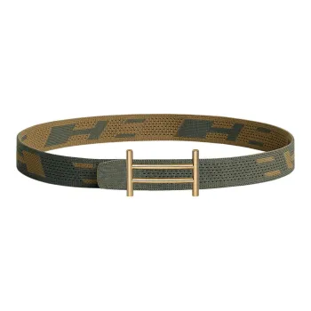 HERMES Breathable Letter Print Gold Buckle Nylon Mesh Double-Sided Belt Men's Gray Green/Dark Green Brown Width: 3.2cm