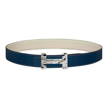 HERMES Quizz H2O Silver Buckle Togo Calfskin Double-Sided Leather Belt Men's Prussian Blue/Chalk White Width: 3.8cm