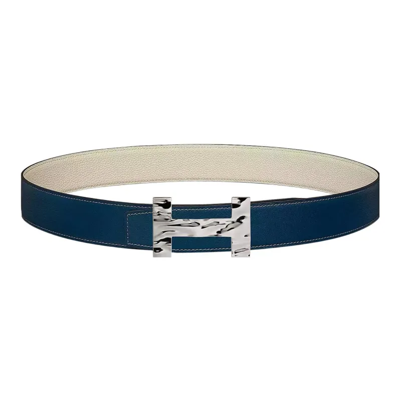 HERMES Quizz H2O Silver Buckle Togo Calfskin Double-Sided Leather Belt Men's Prussian Blue/Chalk White Width: 3.8cm-0