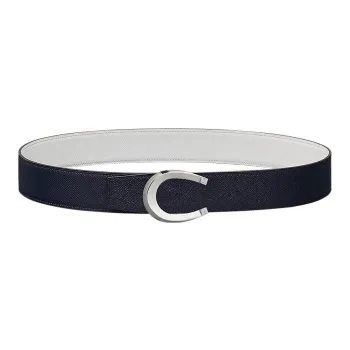 HERMES Fashion Double Sided Logo Silver Buckle Togo Calfskin Double Sided Leather Belt Men's Indigo/White Width 3.8cm