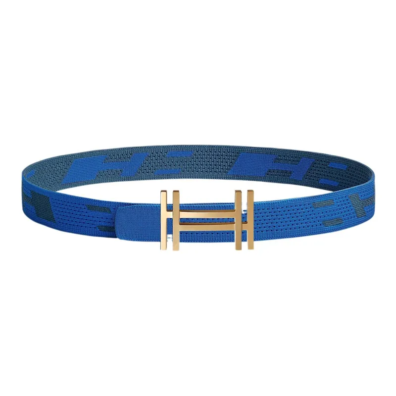 HERMES Fashion Block Double-Sided H Logo Gold Buckle Nylon Mesh Double-Sided Belt Men's French Blue/Indigo Width: 3.2cm-0