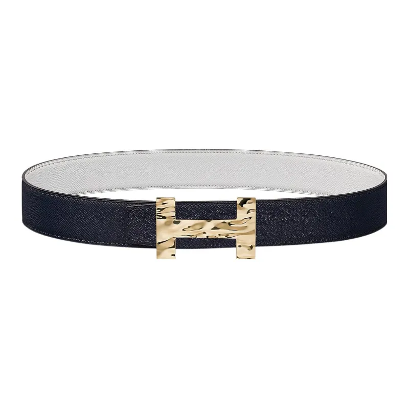 HERMES Quizz H2O Gold Buckle Epsom Calfskin Double-Sided Leather Belt Men's Indigo/White Width: 3.8cm-0