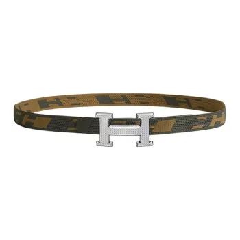 HERMES Comfortable Silver Buckle Nylon Mesh Double-Sided Belt Men's Gray Green/Dark Green Brown Width 32mm