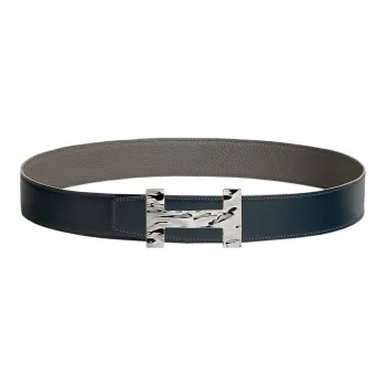 HERMES Quizz H2O Silver Buckle Togo Calfskin Double-Sided Leather Belt Men's Navy Blue/Tin Gray Width: 3.8cm