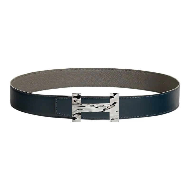 HERMES Quizz H2O Silver Buckle Togo Calfskin Double-Sided Leather Belt Men's Navy Blue/Tin Gray Width: 3.8cm-0