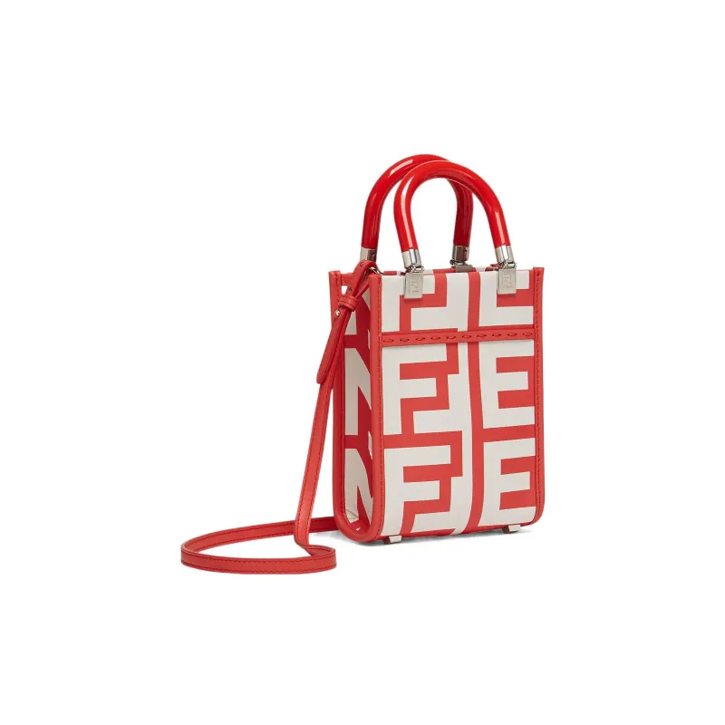 FENDI Sunshine Cow Leather Tote Bag, Shopping Bag, Shoulder Bag, Crossbody Bag, Handbag Mini Women's Red/White-1