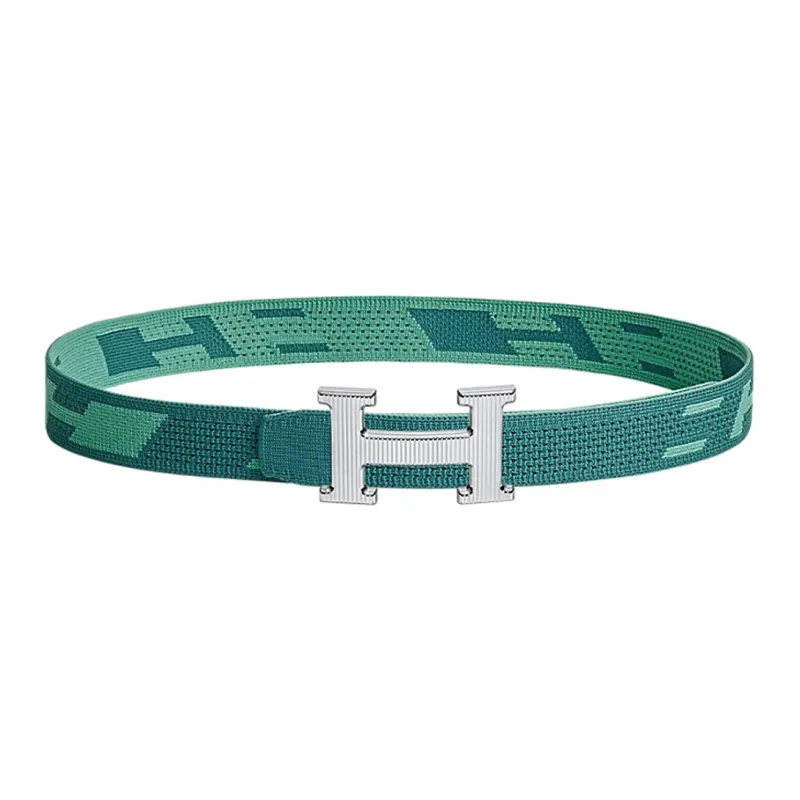 HERMES H Stripes Silver Buckle Nylon Mesh Double-Sided Belt Men's Collegiate Blue/Jasper Width 32mm-0