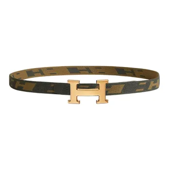 HERMES Comfortable Gold Buckle Nylon Mesh Double-Sided Belt Men's Gray Green/Dark Green Brown Width 32mm
