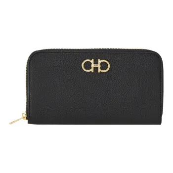 FERRAGAMO GANCINI Cow Leather Wallet Women's Black