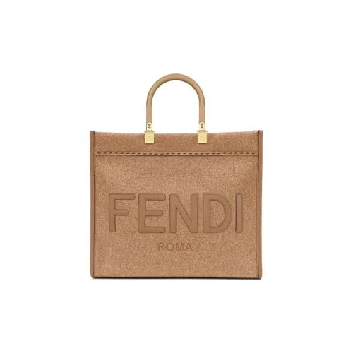 FENDI Sunshine Wool With Calfskin Tote Bag Shopping Bag Shoulder Bag Crossbody Bag Handbag Medium Size Women's Brown