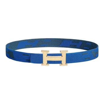 HERMES Fashion Minimalist Style H Gold Buckle Nylon Mesh Double-Sided Belt Men's French Blue/Indigo Width: 3.2cm