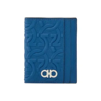 FERRAGAMO Travel Embossed Cow Leather Card Holder Men's Blue
