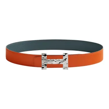 HERMES Quizz H2O Silver Buckle Epsom Calfskin Double-Sided Leather Belt Men's Orange/Hurricane Blue Width: 3.8cm