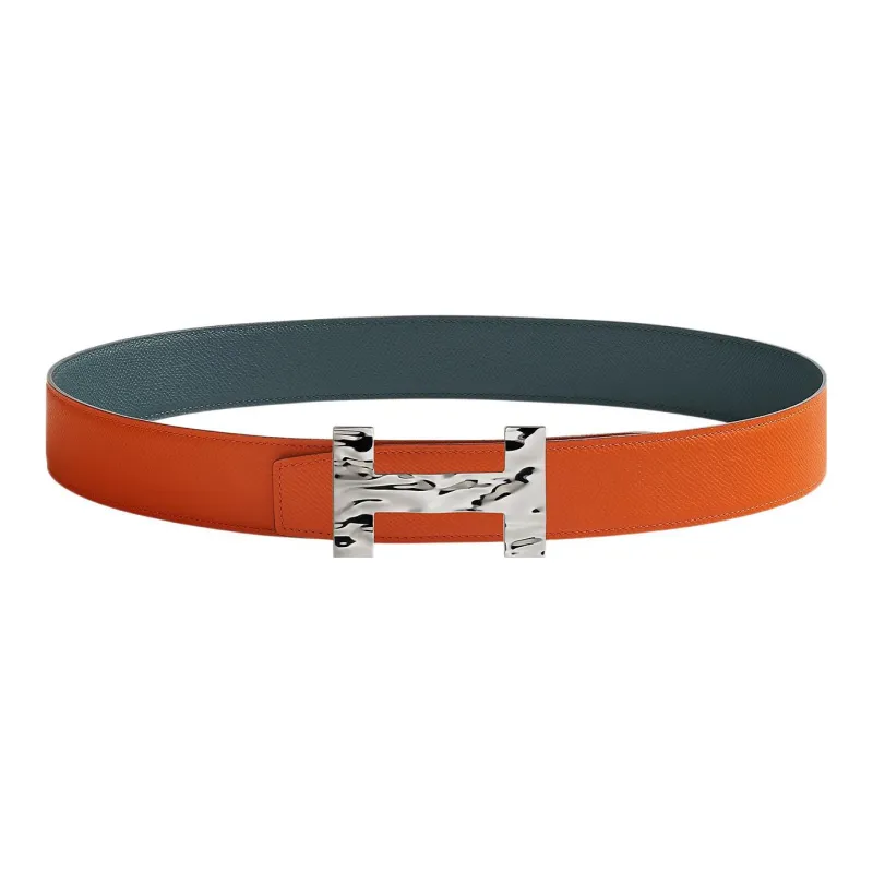 HERMES Quizz H2O Silver Buckle Epsom Calfskin Double-Sided Leather Belt Men's Orange/Hurricane Blue Width: 3.8cm-0