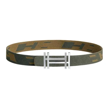 HERMES Avant-Garde Silver Buckle Nylon Mesh Double-Sided Men's Gray Green/Dark Green Brown Width 32MM