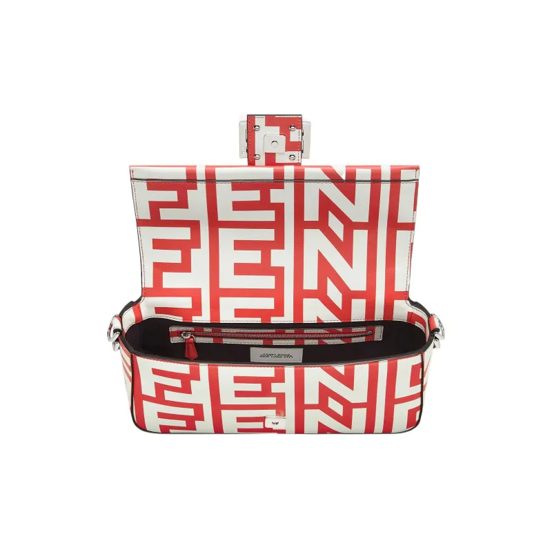 FENDI Baguette Calfskin Portable Crossbody Bag, Shoulder Bag Medium Size Women's Red/White-3