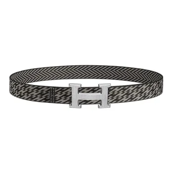 HERMES H Guilloché, Silver Toned Buckle, Nylon Mesh Reversible Waistband Men's Black/Graphite Width 3.2cm