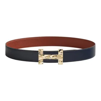 HERMES Fashion Quizz H2O Gold Buckle Togo Calfskin Double-Sided Leather Belt Men's Marine Blue/Vermilion Width: 3.8cm