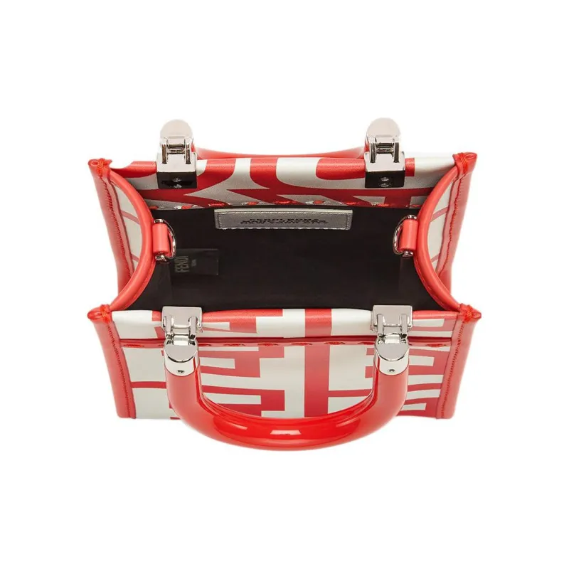 FENDI Sunshine Cow Leather Tote Bag, Shopping Bag, Shoulder Bag, Crossbody Bag, Handbag Mini Women's Red/White-3