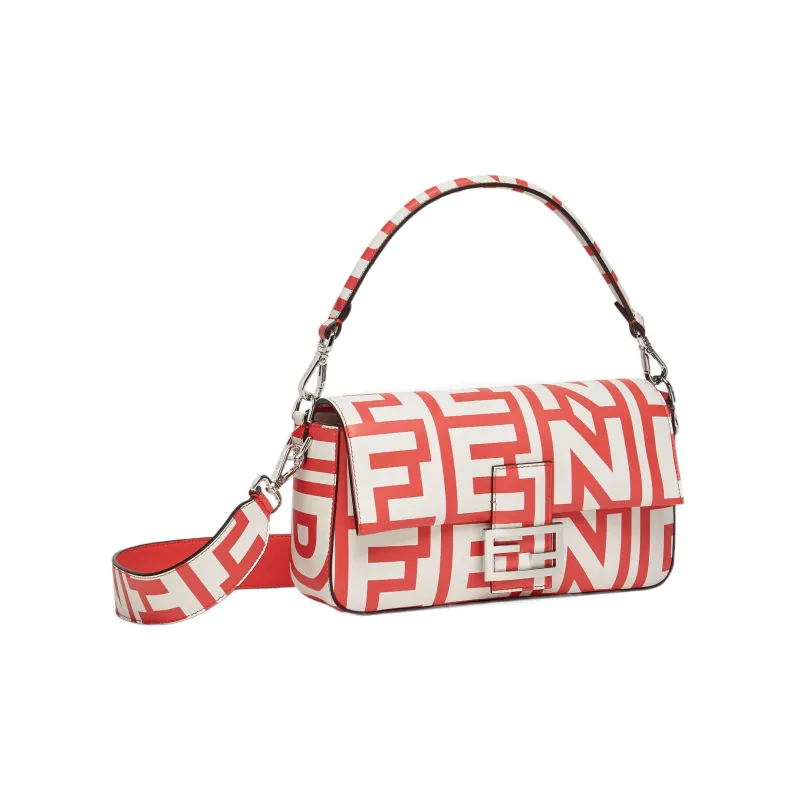 FENDI Baguette Calfskin Portable Crossbody Bag, Shoulder Bag Medium Size Women's Red/White-1
