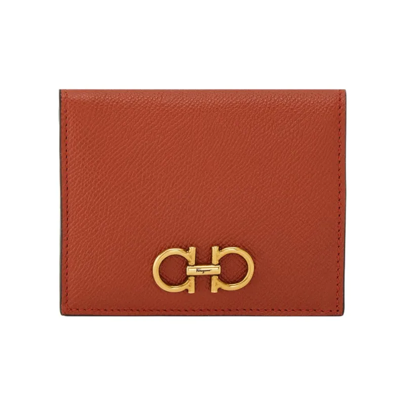 FERRAGAMO GANCINI Stamped Calfskin Wallet Small Size Women's Brown-0