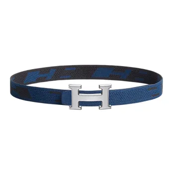 HERMES Comfortable Silver Buckle Nylon Belt Men's Black/Indigo Width 32mm