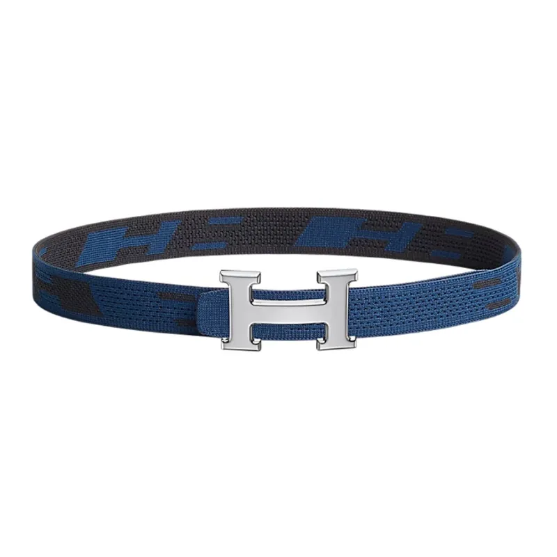 HERMES Comfortable Silver Buckle Nylon Belt Men's Black/Indigo Width 32mm-0