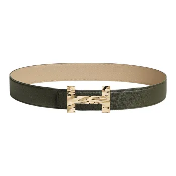 HERMES Quizz H2O Gold Buckle Epsom Calfskin Double-Sided Leather Belt Men's Gray Green/Cardigan Beige Width: 3.8cm