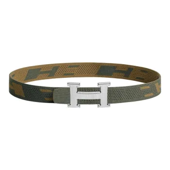 HERMES H Stripes Silver Buckle Double-Sided Nylon Mesh Belt Men's Gray Green/Dark Green Brown Width: 3.2cm