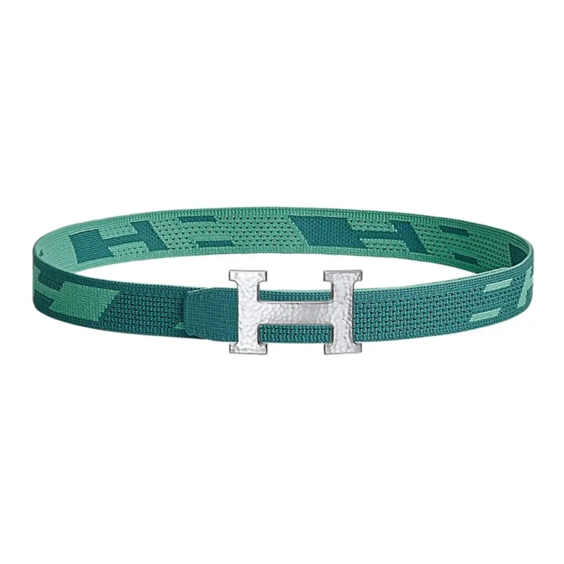 HERMES Silver Buckle Comfortable Double-Sided Nylon Mesh Strap Men's Collegiate Blue/Jasper Width: 3.2cm-0