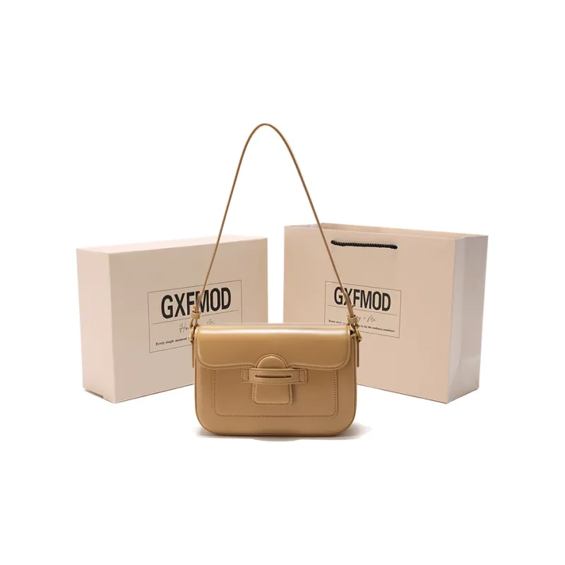 GXFMOD Cow Leather Shoulder Bag, Small Square Bag, Crossbody Bag, Shoulder Bag Medium Size Women's Ecru Milk Tea Yellow-8