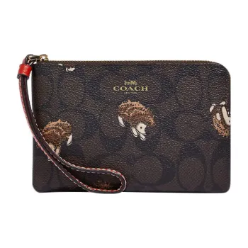 COACH Corner Zip Coated Canvas With Leather Wrist Bags Clutches Small Size Women's Brown Black