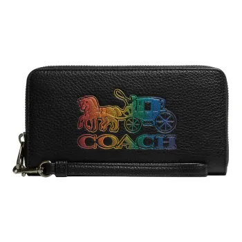 COACH Zip Around High-Quality Pebbled Leather Card Holder Wallet Women's Black