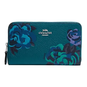 COACH Double Zip Wallet High-Quality Pebbled Leather Card Holder Wallet Women's Deep Turquoise