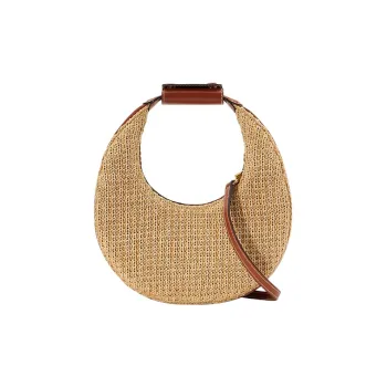 Staud Raffia With Calfskin Moon Bag Shoulder Bag Crossbody Bag Handbag Mini Women's Brown
