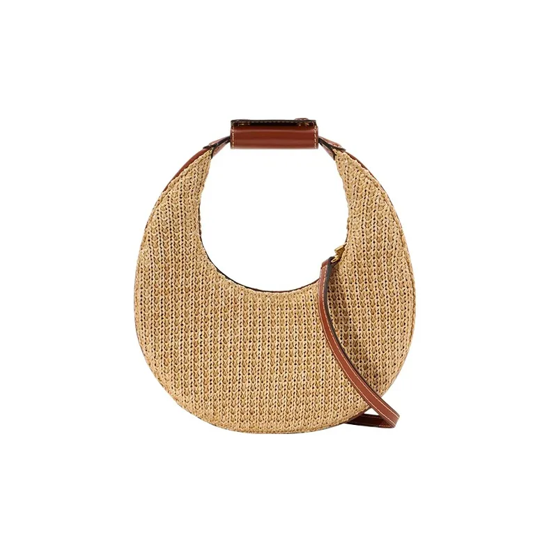 Staud Raffia With Calfskin Moon Bag Shoulder Bag Crossbody Bag Handbag Mini Women's Brown-0
