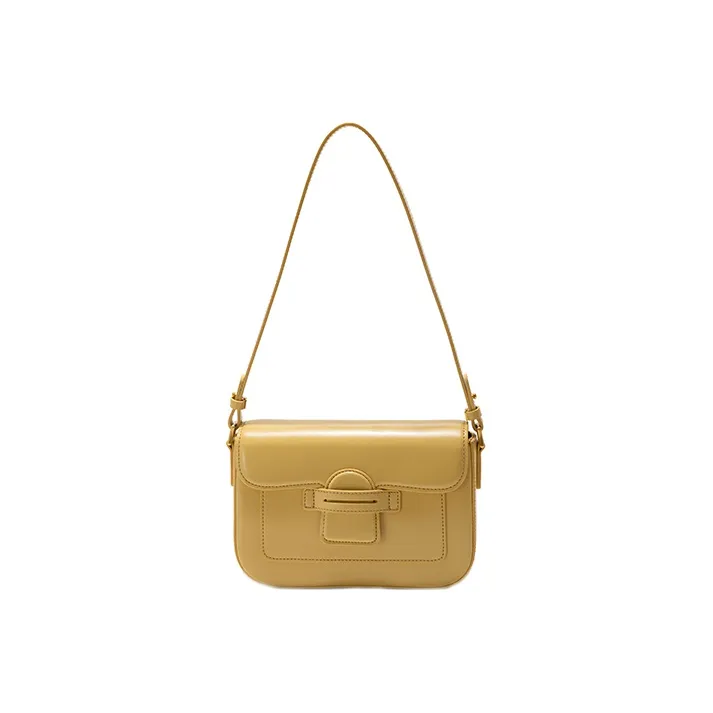 GXFMOD Cow Leather Shoulder Bag, Small Square Bag, Crossbody Bag, Shoulder Bag Medium Size Women's Ecru Milk Tea Yellow-6
