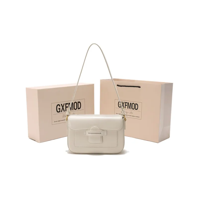 GXFMOD Cow Leather Shoulder Bag, Small Square Bag, Crossbody Bag, Shoulder Bag Medium Size Women's Ecru Milk Tea Yellow-7