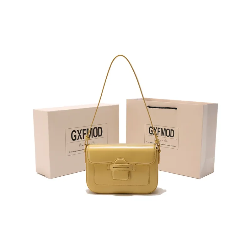 GXFMOD Cow Leather Shoulder Bag, Small Square Bag, Crossbody Bag, Shoulder Bag Medium Size Women's Ecru Milk Tea Yellow-9