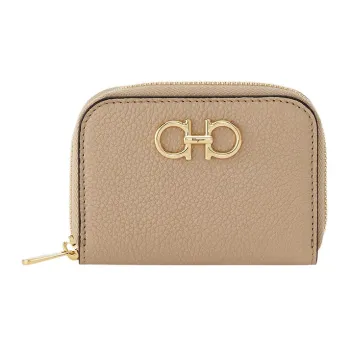 FERRAGAMO GANCINI Cow Leather Wallet Card Clip Card Holder Women's Light Brown