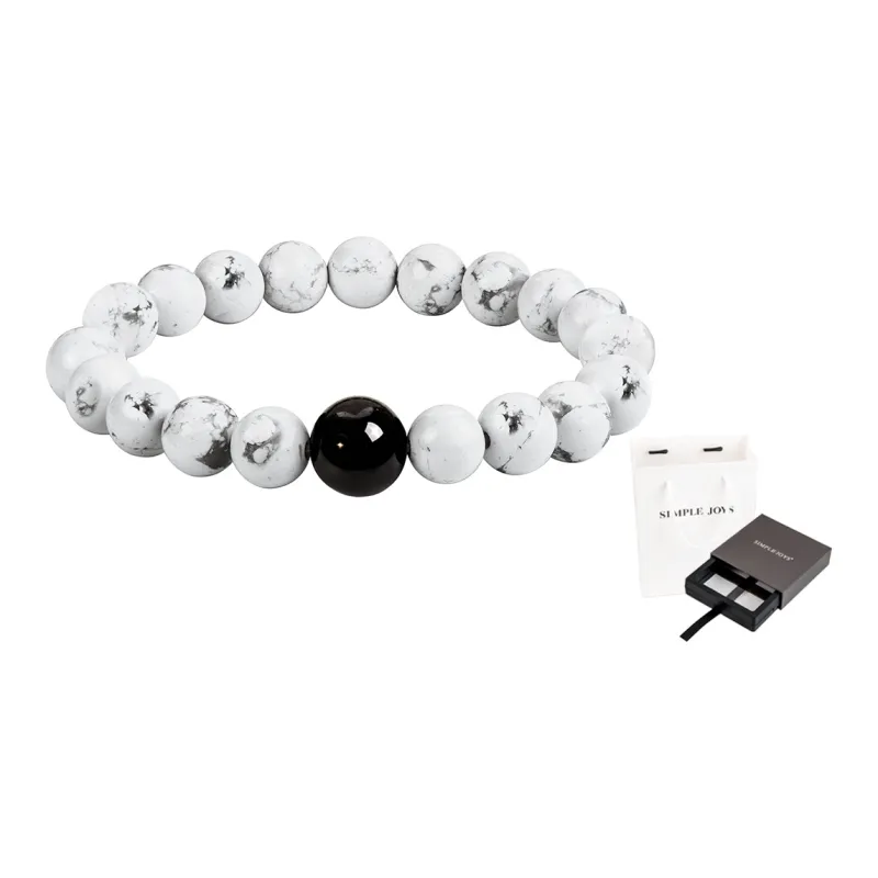 SIMPLE JOYS Silver Sheen Obsidian White Turquoise Couple Beaded Bracelet Unisex 1 Pair, Stretch-14